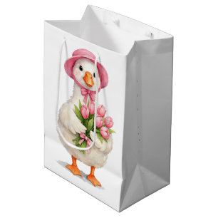 Verjaardag Witte Gans met Roze Tulpen Medium Cadeauzakje