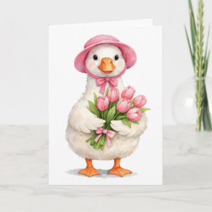 Verjaardag Witte Gans met Roze Tulpenboeket Kaart