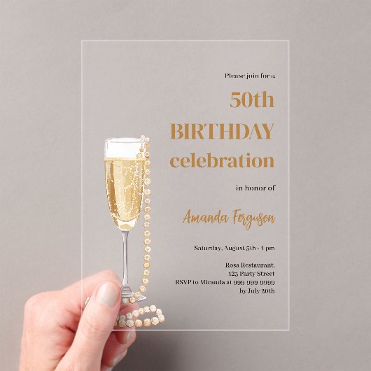 Verjaardag witte gouden bubbelende wijn parels hel acryl uitnodigingen (Insitu (Draagbaar))
