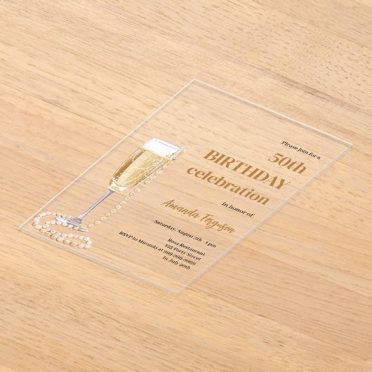 Verjaardag witte gouden bubbelende wijn parels hel acryl uitnodigingen (Laagn)