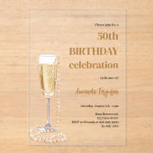 Verjaardag witte gouden bubbelende wijn parels hel acryl uitnodigingen (Voorkant)