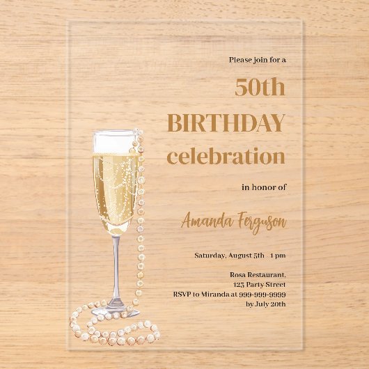 Verjaardag witte gouden bubbelende wijn parels hel acryl uitnodigingen (Voorkant)
