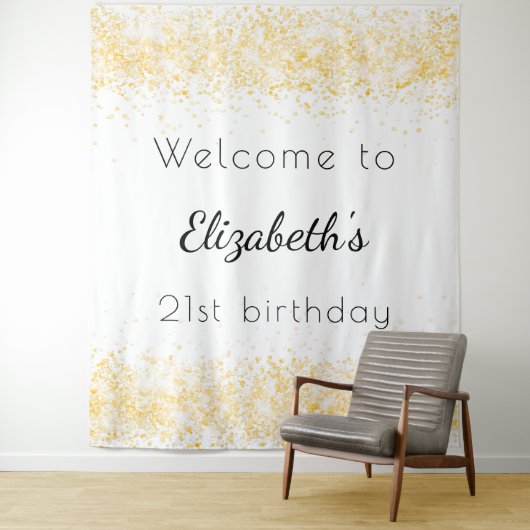 Verjaardag witte gouden glitters naam elegante ver wandkleed (In situ)