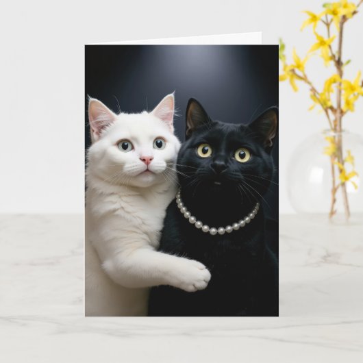 Verjaardag Witte Kat Knuffelen Een Zwarte Kat Kaart (Gele Bloem)