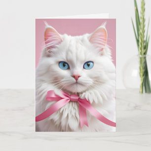 Verjaardag witte kat met boog kaart