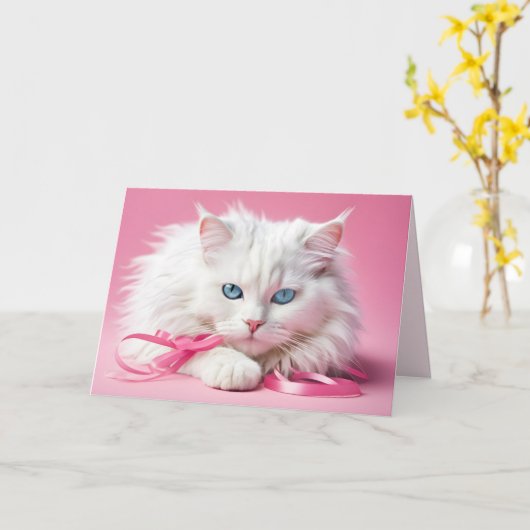 Verjaardag witte kat met linten kaart (Gele Bloem)