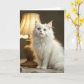 Verjaardag Witte kat Zittend In Warme Lamp Kaart (Gele Bloem)