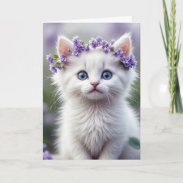 Verjaardag Witte kitten met Lila laurier Kaart