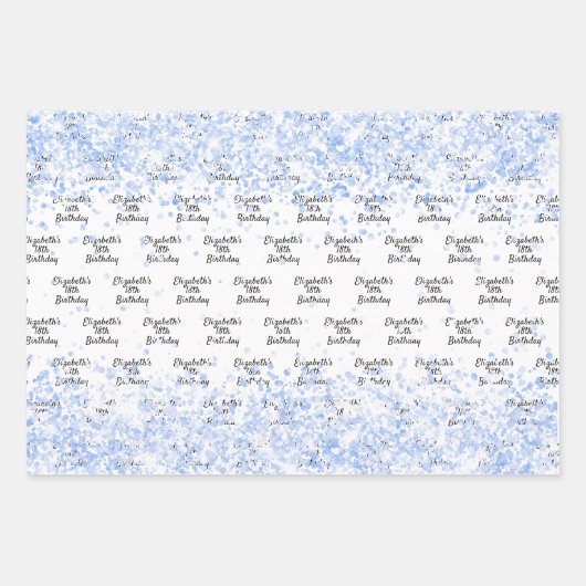 Verjaardag witte lichtblauwe confetti schittering  inpakpapier vel (Voorkant)