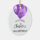 Verjaardag witte paarse ballonnen naam keramisch ornament (Rechts)