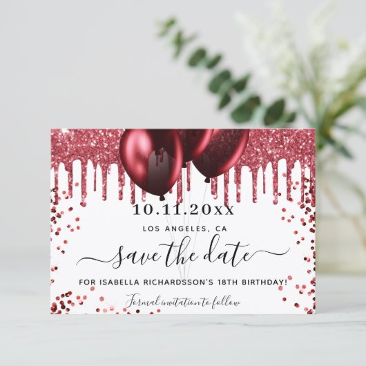 Verjaardag witte rode glitters glitters ballonnen save the date (Staand voorkant)