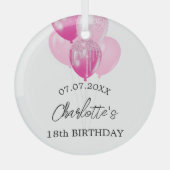 Verjaardag witte roze ballonnen naam glas ornament (Voorkant)