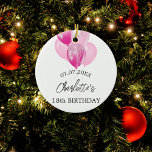 Verjaardag witte roze ballonnen naam keramisch ornament<br><div class="desc">Een ornament voor een meisjesachtige en glamoureuze 18e (of enige leeftijd) verjaardag. Een witte achtergrond met roze ballonnen. Personaliseer en voeg een datum,  een naam en leeftijd toe.</div>
