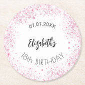 Verjaardag witte roze glitters naam ronde kartonnen onderzetter (Voorkant)