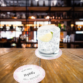 Verjaardag witte roze glitters naam ronde kartonnen onderzetter