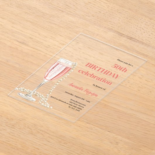 Verjaardag witte roze mousserende wijn parels held acryl uitnodigingen (Laagn)