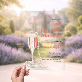 Verjaardag witte roze mousserende wijn parels held acryl uitnodigingen