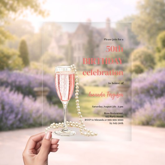 Verjaardag witte roze mousserende wijn parels held acryl uitnodigingen