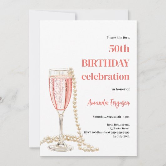 Verjaardag witte roze mousserende wijn parels kaart (Voorkant)