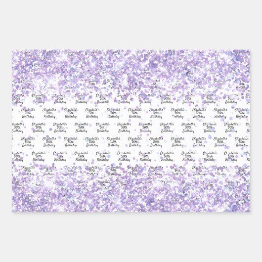Verjaardag witte violette lavendel glitters naam inpakpapier vel (Voorkant 2)