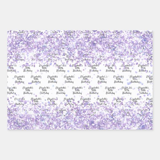 Verjaardag witte violette lavendel glitters naam inpakpapier vel (Voorkant)