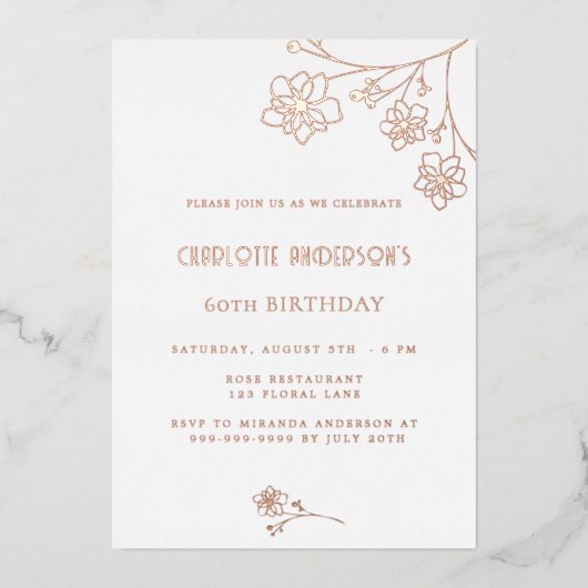 Verjaardag witte zilveren roos gouden bloemrijke e folie uitnodiging (Voorkant)