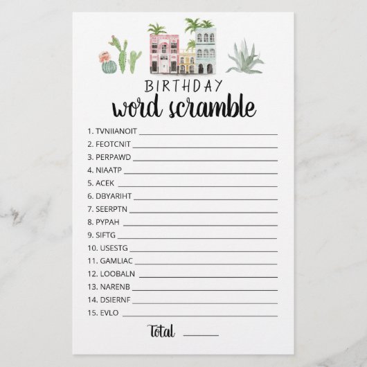 Verjaardag woord scramble spel met Antwoorden (Voorkant)