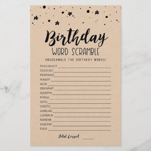 Verjaardag woord scramble spel met antwoorden (Voorkant)
