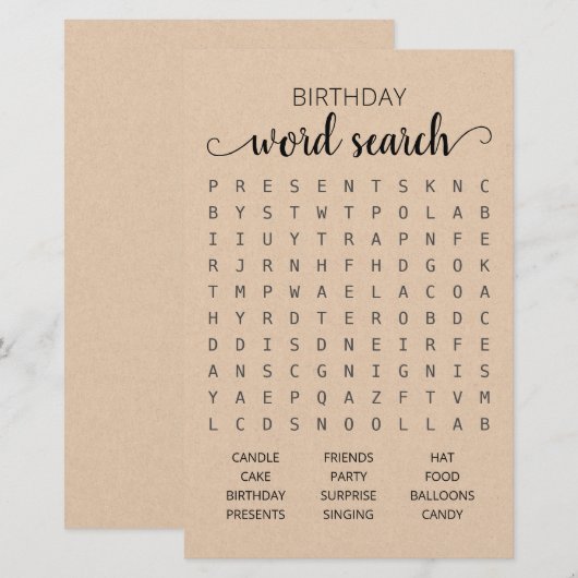 Verjaardag Woord zoekspel Verjaardagsfeest (Voorkant / Achterkant)