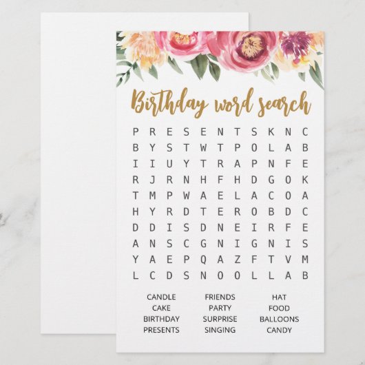 Verjaardag Woord zoekspel Verjaardagsfeest (Voorkant / Achterkant)