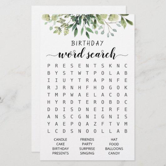 Verjaardag Woord zoekspel Verjaardagsfeest (Voorkant / Achterkant)