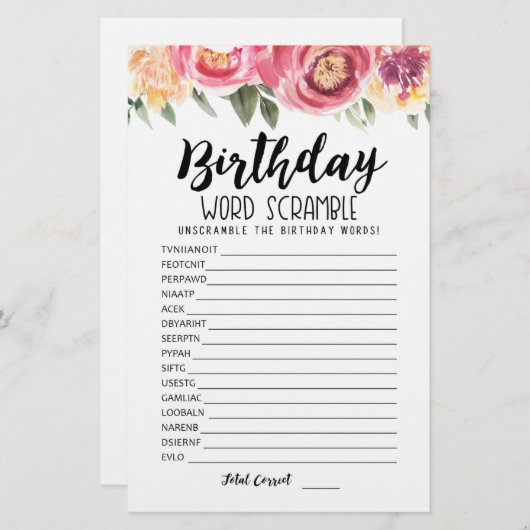 Verjaardag word scramble game met Answers (Voorkant / Achterkant)
