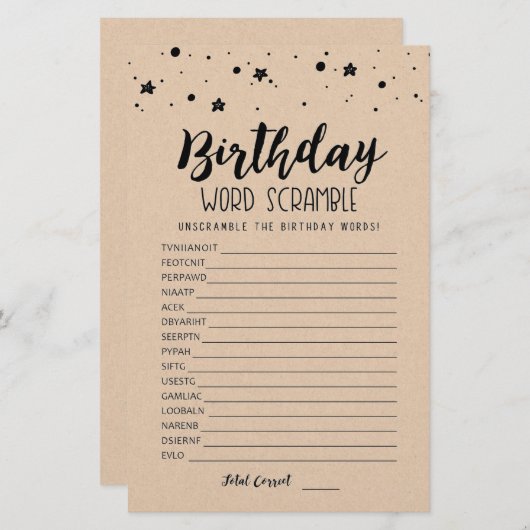 Verjaardag word scramble game met Answers (Voorkant / Achterkant)
