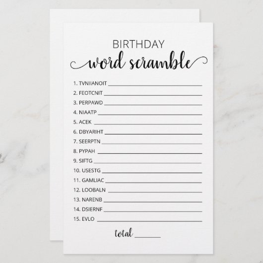 Verjaardag word scramble game met Answers (Voorkant / Achterkant)