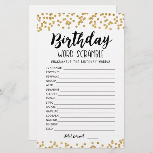 Verjaardag word scramble game met Answers (Voorkant / Achterkant)