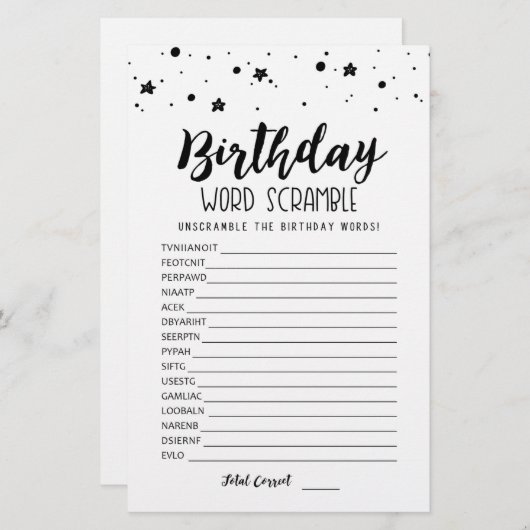 Verjaardag word scramble game met Answers (Voorkant / Achterkant)