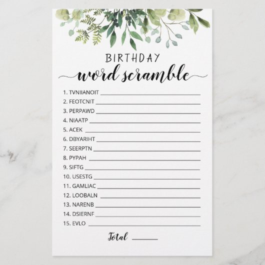 Verjaardag word scramble game met Answers (Voorkant)