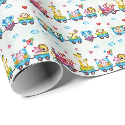 Verjaardag Wrapping Papier - Baby Dieren Op Trein (Rol Hoek)