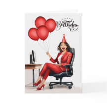Verjaardag zakenvrouw in rood in een Kantoor-stoel