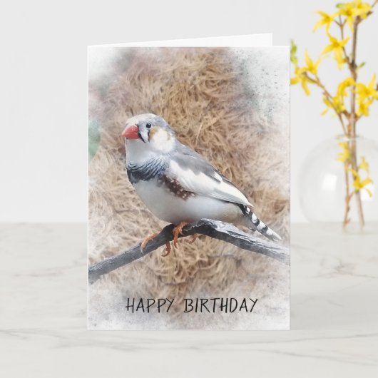 Verjaardag-zebra Finch op tak Kaart (Gele Bloem)
