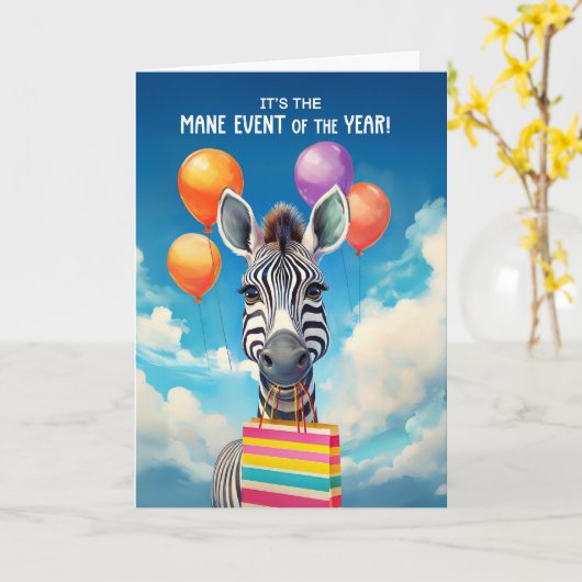 Verjaardag Zebra MANE Event met ballonnen Kaart (Gele Bloem)
