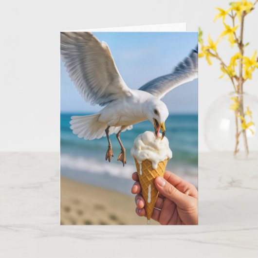 Verjaardag Zeemeeuw Het eten van een Ice Cream Con Kaart (Gele Bloem)