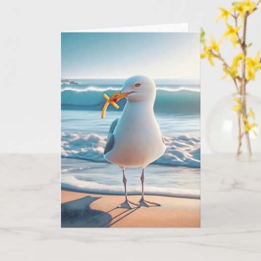Verjaardag zeemeeuw met friet kaart (Gele Bloem)