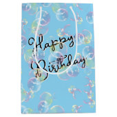 Verjaardag zeepbellen op lichtblauw medium cadeauzakje (Voorkant)