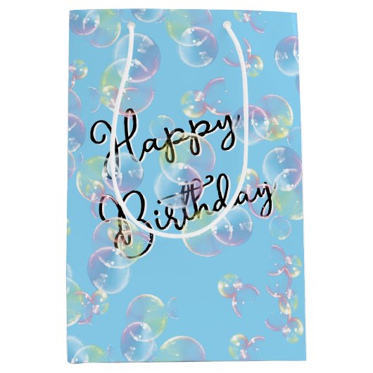 Verjaardag zeepbellen op lichtblauw medium cadeauzakje (Voorkant)