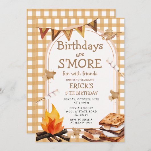 Verjaardag zijn S'mores Fun Campfire Gingham Kaart (Voorkant / Achterkant)