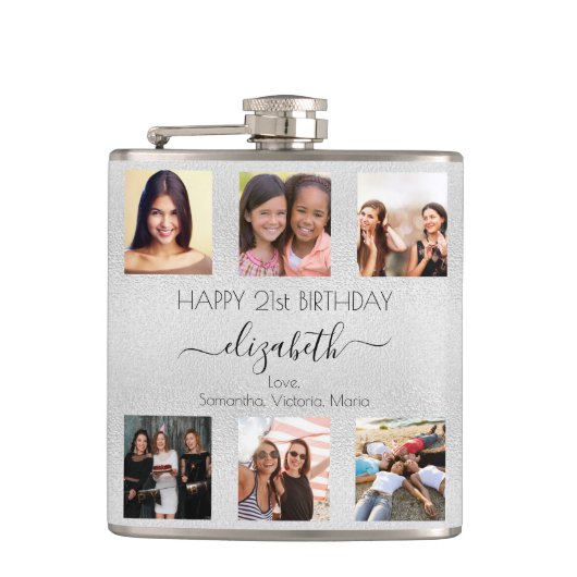 Verjaardag zilver beste vrienden foto namen heupfles (Voorkant)