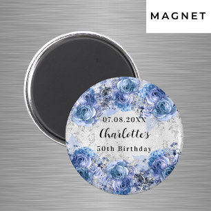 Verjaardag zilver blauwe bloemen save the date magneet