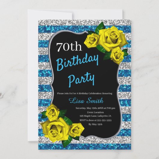 Verjaardag Zilver Blauwe Strepen Glitter Gele Roze Kaart (Voorkant)