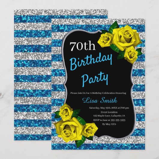 Verjaardag Zilver Blauwe Strepen Glitter Gele Roze Kaart (Voorkant / Achterkant)